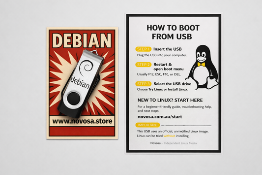 Two posters on a gray background, one about Debian and USB booting, the other about Novo Linux.